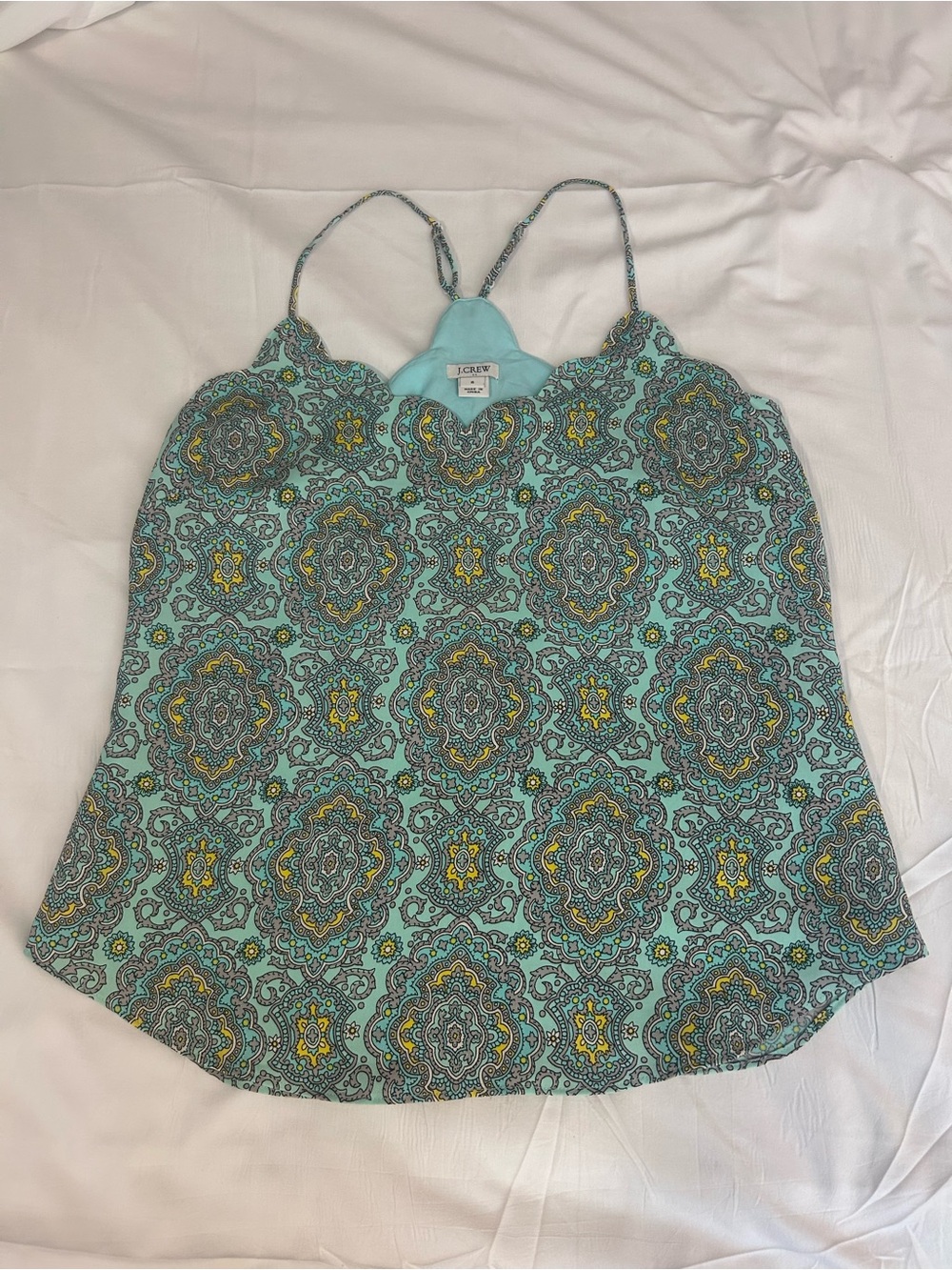 J. Crew Mint Paisley Scalloped Cami with Yellow Accents